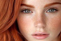 Close up portrait of young woman with natural freckles, red hair and green eyes looking directly at camera. Soft beauty makeup and glowing skin.