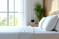 Modern bright bedroom interior with white bedding, palm plant and window view. Natural sunlight creates cozy atmosphere in minimalist hotel room setting.