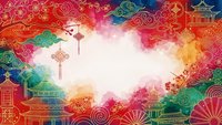 Chinese New Year festive frame with traditional pagodas, lanterns and ornamental clouds in vibrant red and gold colors for holiday greeting cards.