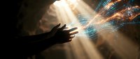 Human hand reaching toward bright divine light beams with magical energy particles and spiritual glow effects for meditation and inspiration concepts.