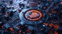 Glowing cryptocurrency symbol on circuit board with orange and blue futuristic technology background, digital finance concept for blockchain mining.