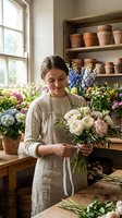 Female florist arranging fresh cut flowers in rustic studio workspace with potted plants, shelving and natural window light for floral design business.