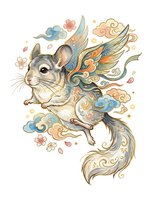 Whimsical flying squirrel with ornate wings and flowing tail surrounded by decorative clouds and flowers on isolated white background, ready for apparel and design projects.