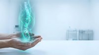Holographic DNA double helix floating above open palm in modern medical laboratory setting for biotechnology and genetic research presentations.