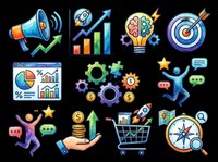 Megaphone with upward arrow, growth chart, lightbulb with gears, target with arrow, pie chart dashboard, interconnected gears with coins, celebrating figure with stars, chat bubbles, hand holding stacked coins, shopping cart with rocket, and compass with magnifying glass isolated on transparent background. Ready for t-shirt design, clipart, stickers, print-on-demand, and sublimation projects.