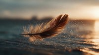 Brown feather floating on water surface with water droplets splashing at golden sunset, creating peaceful natural scene at shoreline.