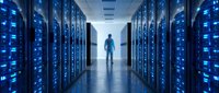 Silhouette of technician walking through modern data center corridor with rows of illuminated server racks and blue LED lights for technology concepts.