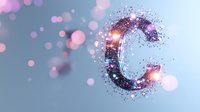 Glowing letter C with sparkle effect and bokeh particles floating on soft purple background, modern typography design element for creative projects.