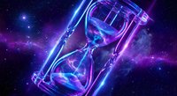 Cosmic hourglass with glowing sand streams floating in deep space nebula with purple and blue starfield background for sci-fi fantasy concepts.