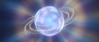 Glowing translucent sphere with golden particle rings orbiting around cosmic center against blurred space background for sci-fi and fantasy projects.