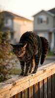 Tabby cat walking along a wooden fence at golden hour, arched back and alert gaze, suburban neighborhood softly blurred in background.