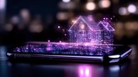 Futuristic holographic house projection emerging from smartphone screen with purple glowing light effects and bokeh background, concept of smart home technology.