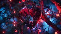 Red and blue illuminated pine branches with glowing Christmas lights creating magical bokeh effect and festive holiday atmosphere in dark winter evening.