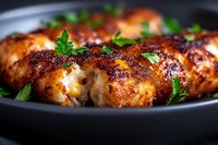 Juicy grilled chicken thighs with crispy caramelized skin, garnished with fresh parsley in black pan. Close-up view shows mouthwatering glaze and texture.
