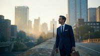 Professional businessman in dark suit walking on urban street during golden hour sunrise with modern city skyline and skyscrapers in background.