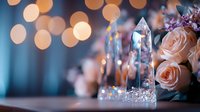 Crystal prism catching light with soft pink roses and golden bokeh in background, creating magical romantic atmosphere for wedding decor and celebrations.