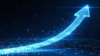 Digital glowing blue arrow pointing upward with particle effects on dark background representing growth, success and business progress.