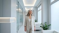 Mature woman with light skin tone, blonde hair, and glasses wearing a beige blazer walks through a modern, minimalist office corridor with white walls, glass partitions, and potted plants. Suitable for corporate, business, professional, and workplace concepts.