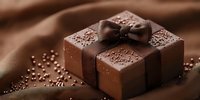 Chocolate candy gift box with decorative bow and sprinkles on brown silk background, sweet dessert confectionery concept for special occasions and holidays.