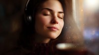 Young woman with closed eyes wearing headphones enjoying music with serene expression on dark background with bokeh lights and warm atmospheric glow.