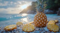 Fresh pineapple and slices on pebble beach at sunset with tropical coastline and ocean waves in background, dreamy summer vacation mood.