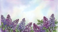 Lilac flowers in shades of purple bloom against a soft, watercolor sky with green foliage, suitable for spring designs and botanical artwork.