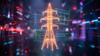 Digital electric power transmission tower with glowing neon lights and futuristic holographic interface displaying energy data in smart grid technology concept.