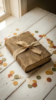 Vintage leather-bound book tied with burlap ribbon surrounded by colorful paper confetti on rustic white wooden surface near window for celebration themes.