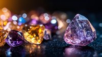 Raw amethyst and citrine crystals on dark surface with colorful bokeh lights creating magical atmosphere, macro photography for spiritual and wellness designs.