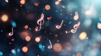 Glowing musical notes float against dark background with orange and blue bokeh lights creating magical atmosphere for entertainment and music designs.