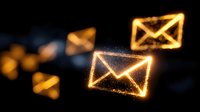 Glowing golden mail envelope icons floating on dark background with sparkle effects and bokeh lights, modern digital communication concept.