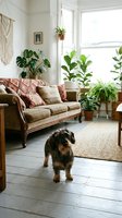 Cozy bohemian living room with small dog, vintage sofa, houseplants and natural light streaming through windows creating warm homey atmosphere.