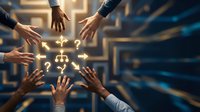 Business team hands reaching together toward glowing network connection symbol representing collaboration, teamwork and unity in corporate environment.