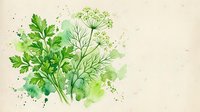 Watercolor green herbs bouquet with parsley and dill on beige background, fresh culinary plants painted in soft green tones for kitchen decor.