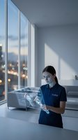 Professional woman using holographic interface technology in modern office with city view at dusk for business presentations and digital innovation concepts.