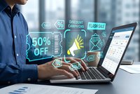 Businessman using laptop with digital marketing icons showing discount offers and flash sale promotions for online shopping campaigns.