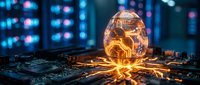 Glowing golden egg with electrical energy on circuit board, server room background with blue lights, representing innovation, technology, and digital transformation for business concepts.