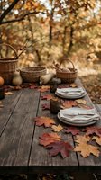 Rustic autumn table setting with wicker baskets, ceramic plates and scattered fall leaves on wooden surface outdoors for seasonal dining and harvest celebrations.