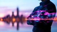 Futuristic double exposure of businessman silhouette merged with glowing purple digital data streams and city skyline at sunset, representing digital transformation.