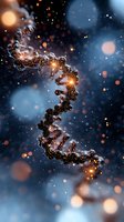 Glowing DNA helix structure with sparkles and bokeh effects on dark blue background, science concept for genetics and biotechnology research.