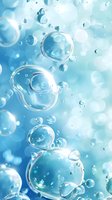 Transparent bubbles floating in turquoise blue water with soft bokeh effect, creating fresh and clean atmosphere for cosmetic or spa backgrounds.