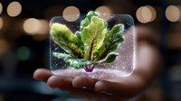Fresh lettuce leaves floating in glowing digital frame above open palm with sparkling effects and warm bokeh lights background for technology concepts.