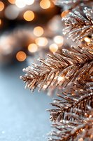 Frosted pine branch with warm bokeh lights in background creates magical winter holiday atmosphere. Macro shot captures sparkling ice crystals on copper-toned needles.