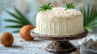 Coconut layer cake with white chocolate drip and cannabis leaf decoration on vintage cake stand, garnished with shredded coconut and fresh tropical leaves.