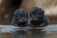 Two adorable baby otters sitting together on wet wooden surface with water reflections, showcasing their fluffy dark fur and whiskers in natural habitat.