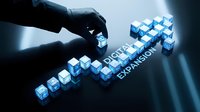 Portfolio expansion concept with hand placing glowing blue cube blocks in ascending sequence, symbolizing business growth, strategy development, and digital transformation for corporate presentations.