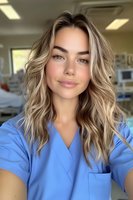 Young female healthcare professional in blue medical scrubs with wavy blonde hair and natural makeup taking selfie in hospital setting, radiating confidence and warmth.