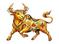 Ornate golden bull with decorative patterns and jeweled embellishments on transparent background, ready for design projects, merchandise, and creative applications.