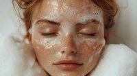 Young woman with freckles and closed eyes surrounded by foam during facial cleansing treatment at spa, natural skincare and wellness concept.