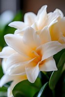 Delicate cream-colored double daffodil bloom with soft orange center against blurred green background, captured in macro photography with selective focus.